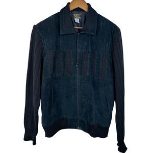 White Oak Mens Large Black Leather Knit Bomber Jacket 80s‎ 90s Grandpa Sweater